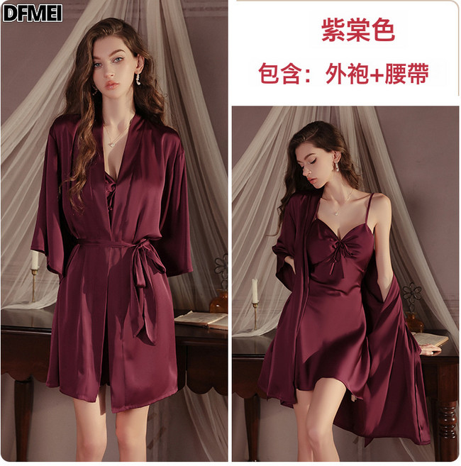 DFMEI 瑰若性感睡衣超A裙襬絲滑緞面加胸墊吊帶睡裙外袍家居服套裝4458
