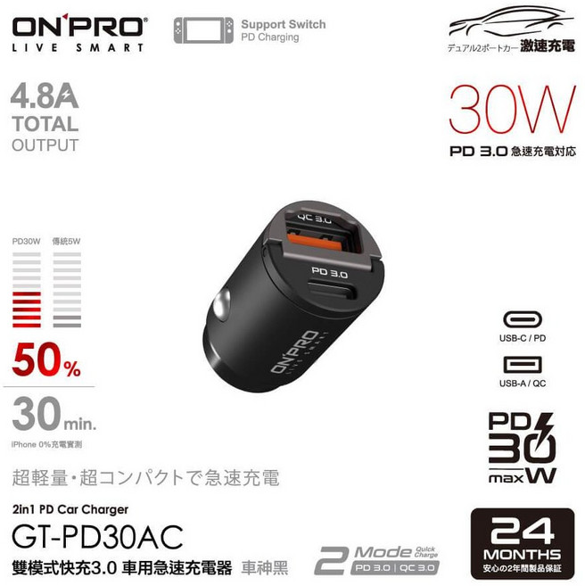 ONPRO 雙TypeC車充 30W PD快充車用充電器 PD3.0 兩年保固, GT-PD30MINI, 極速黑、科技鈦