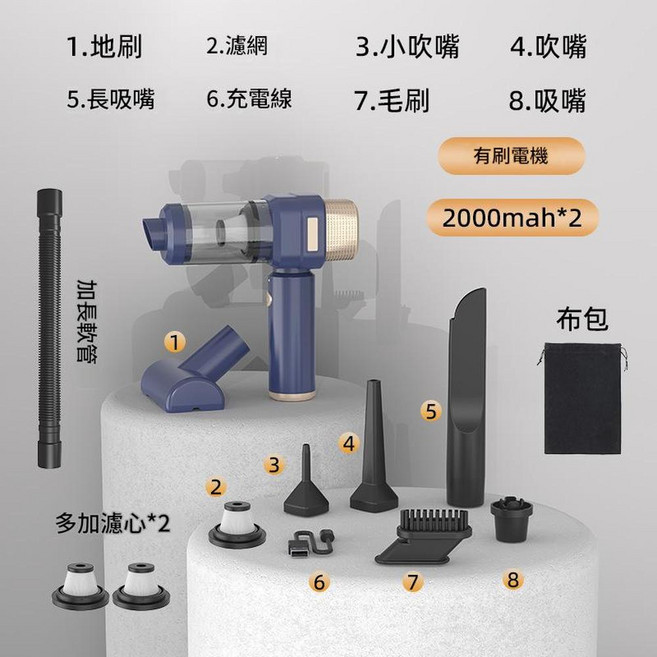 無線大吸力手持吸塵器 2000mah*2, ZY - 3103 - A - 有刷豪華款 - 藍色, 如圖