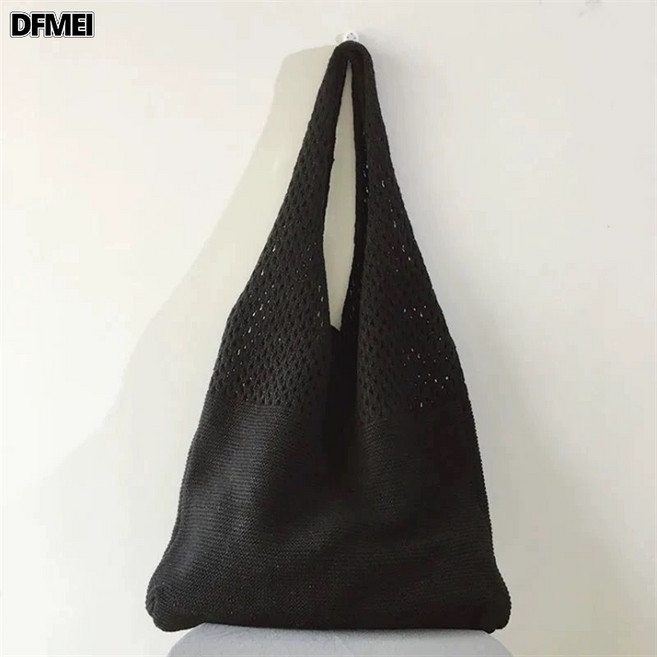 DFMEI 草編包海灘黑條紋新款休閒夏天單肩包時尚托特百搭包女士揹包, 正反針洞洞-黑色