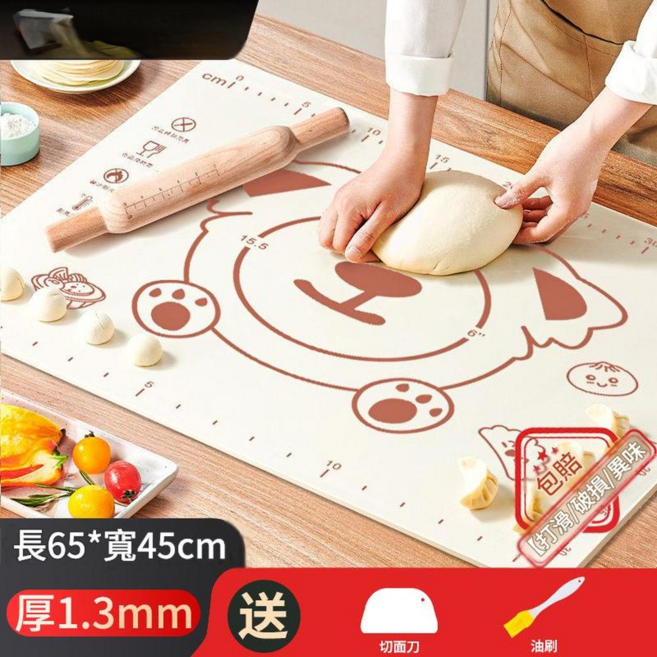 米色咔叭熊 70*50cm 食品級矽膠加厚揉麵墊 平面款, 米色咔叭熊65*45cm平面款切面刀油刷, 1個