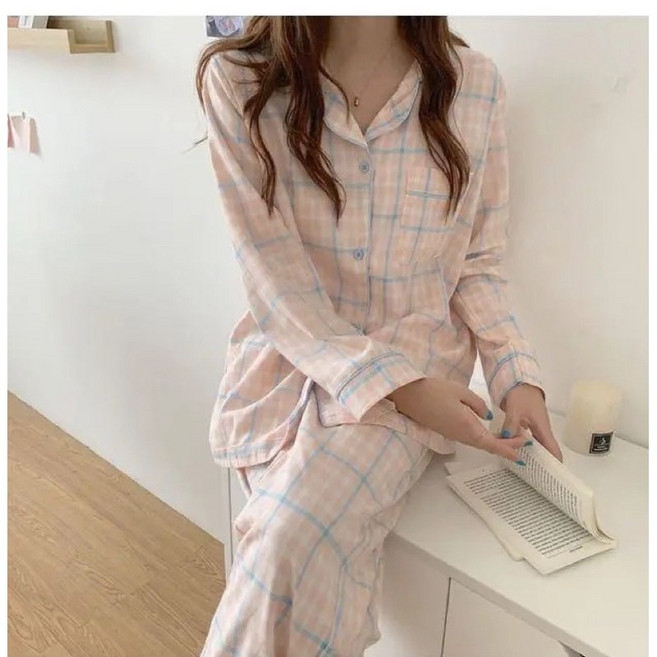 蜜桃粉格子開衫長袖睡衣套裝 簡約家居服 XL碼
