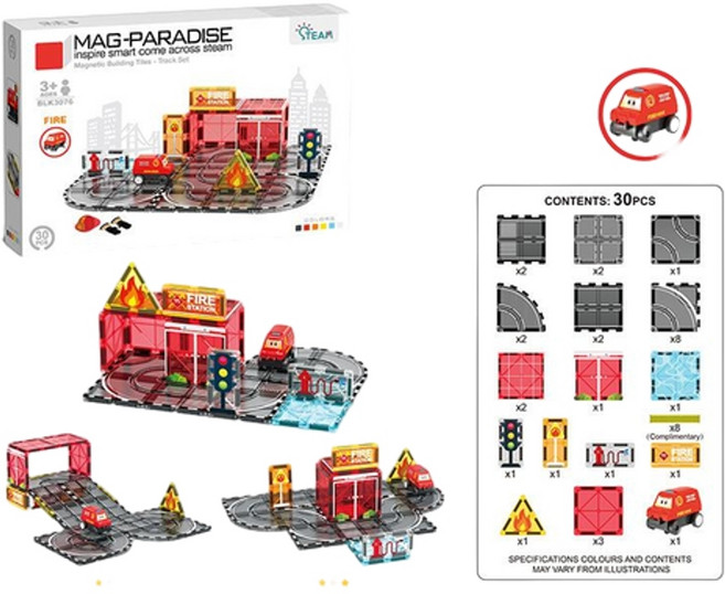 MAG-PARADISE 磁力積木電動軌道車 城市交通建築彩窗磁力片兒童益智玩具, 3076消防主題 - 單車 30pcs, 1套