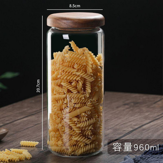 密封罐 家用廚房透明玻璃 相思木蓋子 儲物罐耐熱 茶葉咖啡豆分裝, 1個, 960ml