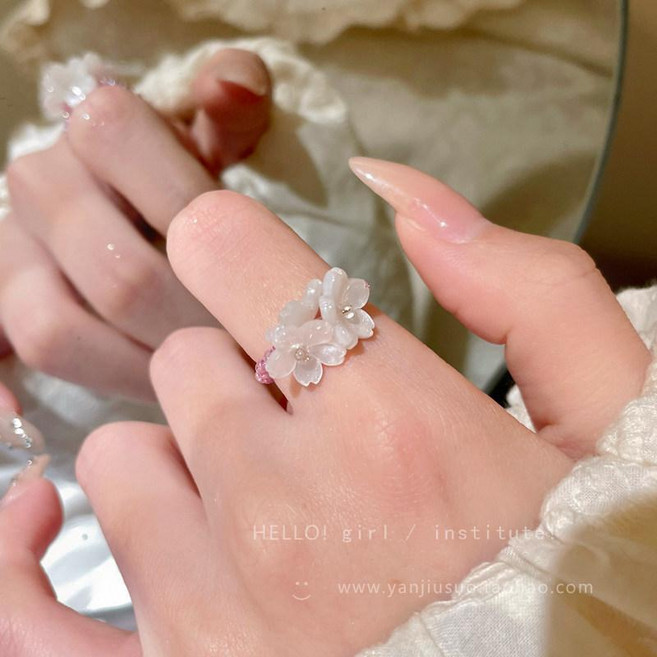 花朵串珠戒指 彈力彩色甜美小眾設計