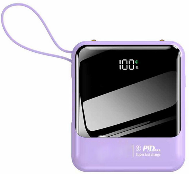 20W超級快充 20000 PRO 行動電源 自帶線 馬卡龍色 迷你便攜 大容量 電力顯示, 快充版紫