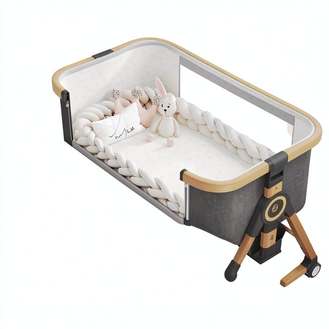 babybed 嬰兒可移動搖籃床, 木紋鋁 - 沐雨雲灰丨追夢款四季雙面4D空氣纖維床墊儲物籃蚊帳涼蓆枕頭麻花床圍CS - 8