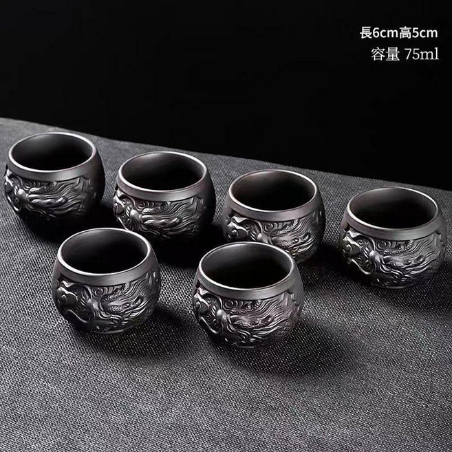 紫砂龍紋浮雕茶杯 75ml, 高顏值 龍紋浮雕主人杯 6杯, 1套, 杯具