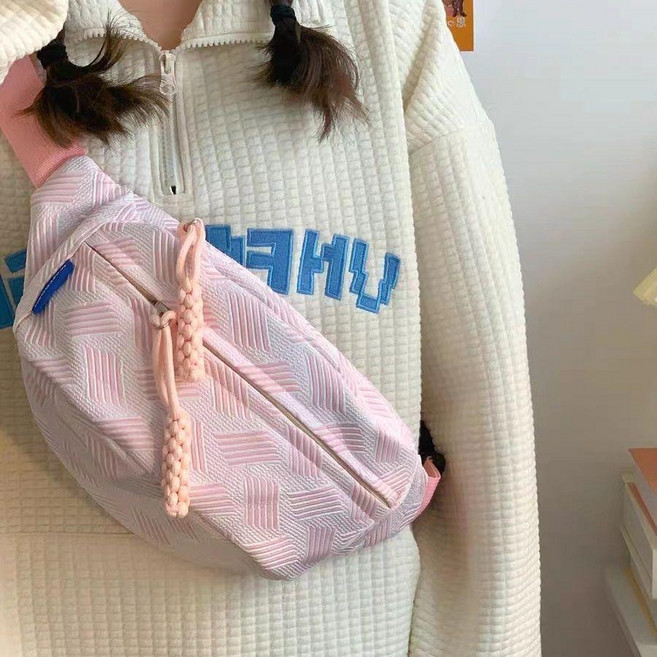 斜挎包 簡約休閒 胸包 百搭腰包 少女運動包, 粉色 單包無掛件, 粉色