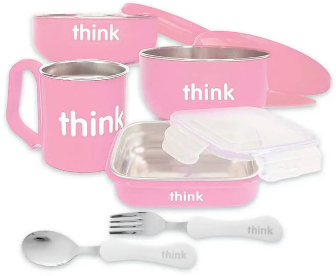 think 兒童餐具套裝 不鏽鋼內膽 多件組合 寶寶用餐好幫手, 粉色, 1個