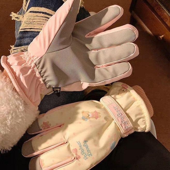 PapaBear 兒童保暖滑雪手套,可愛卡通小熊圖案,可觸屏,防風加絨設計