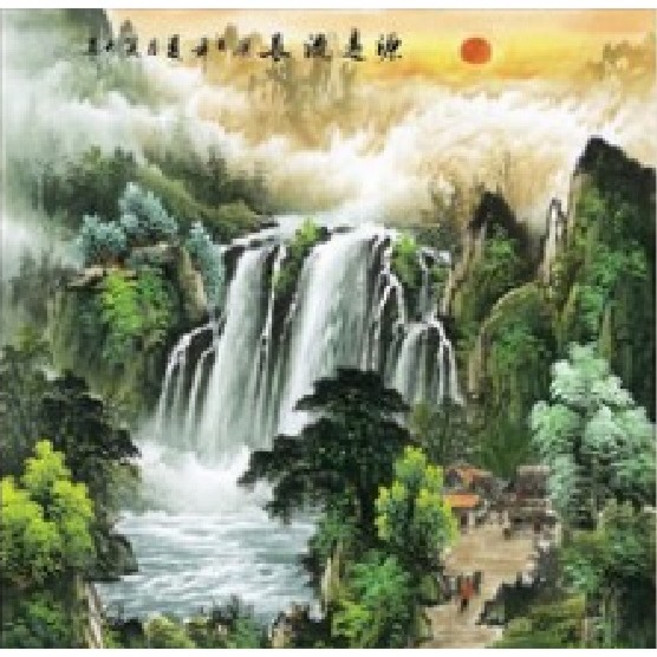 幸運星 台灣發貨 山水畫 聚寶盆 國畫 流水生財 客廳 風水畫 開運 招財 化煞, 娟布畫芯50*50公分/可直接黏牆上, 沒有框