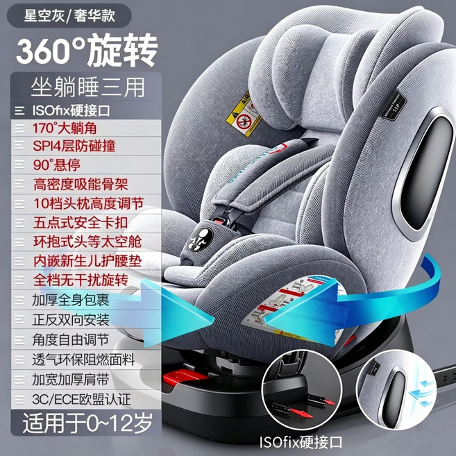 360度旋轉ISOFIX兒童安全座椅, 360度奢華灰硬介面款 側撞防護