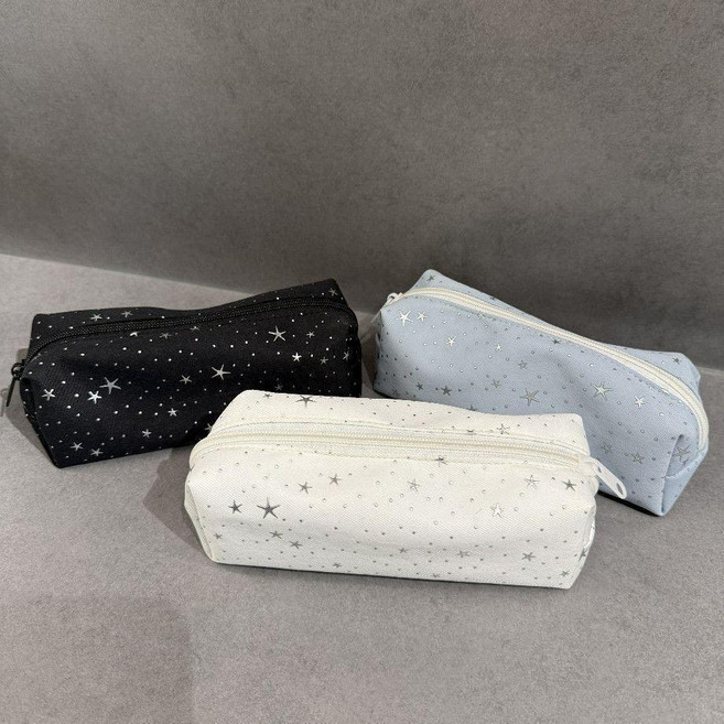 星星波點帆布筆袋 簡約可愛學生收納袋, 黑色, 1個