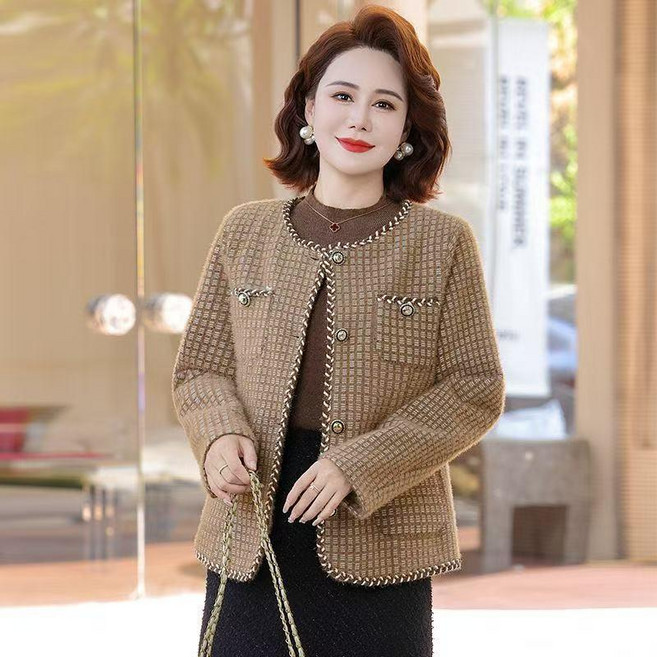 good 媽媽春裝小香風外套短款2026新款洋氣中老年女裝春秋格子上衣