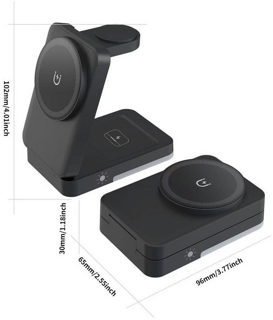 三合一 無線充電器 立式磁吸 15W 快充, 三合一 黑色 摺疊無線充, 1個