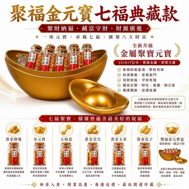 聚福藏金七福 入厝七寶 開運擺飾 招財進宅, 1個, 聚福金元寶七福/一組, 聚福金元寶七福