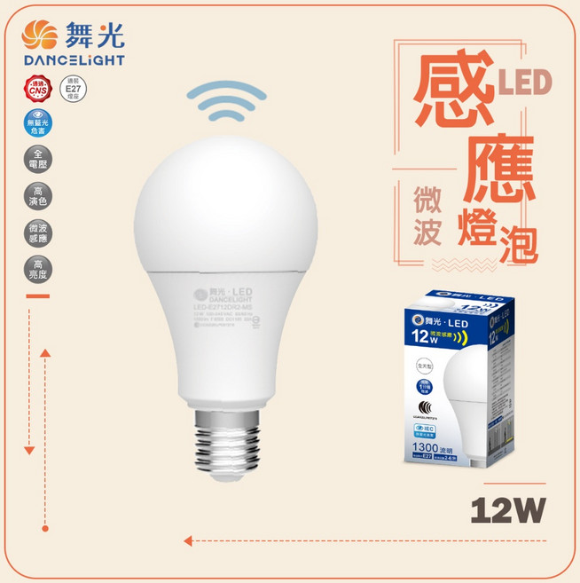 舞光 微波感應球泡 12W 全天型 感應燈泡, 1個, 白光, 白光