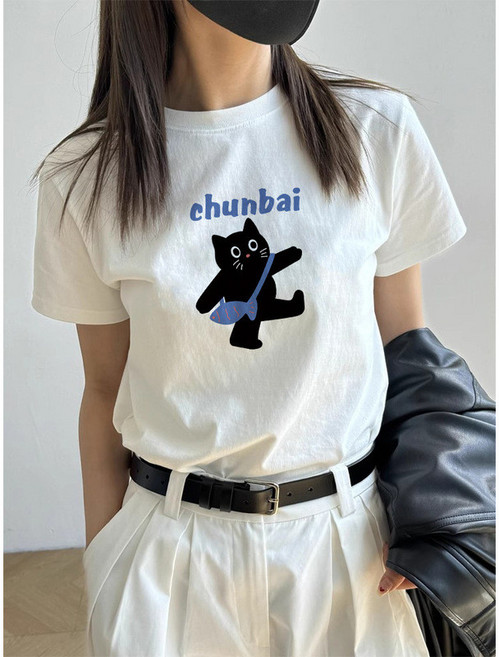 chunbai 純棉短袖T恤 貓咪印花 韓系慵懶風 寬鬆設計