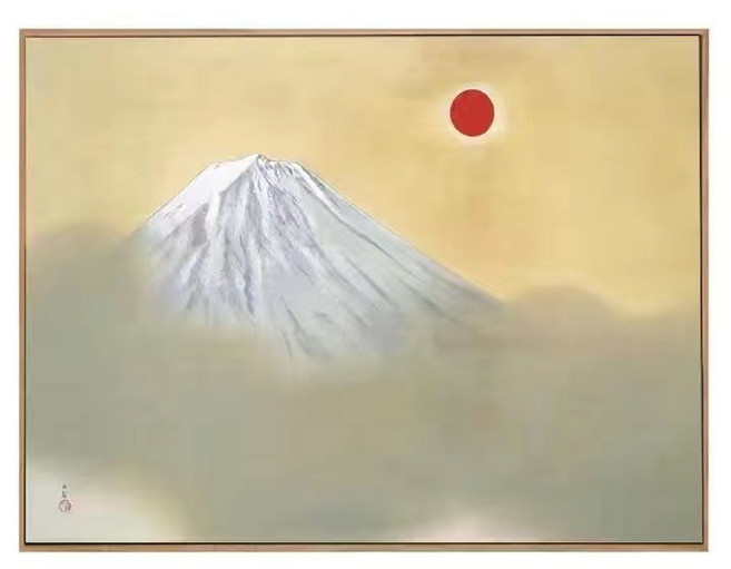 【開發票/統編】橫山大觀富士山海月水墨風景裝飾畫 日式復古風玄關擺件 實木畫框海景畫, 1個, 橫山大觀-錢坤輝陽,30x40原木色ps框