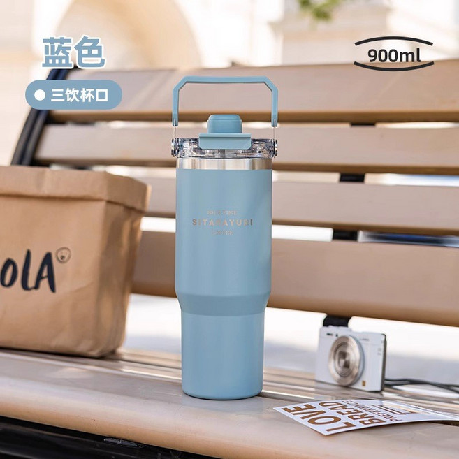 保溫杯 保溫杯 三飲磁吸保溫杯 900ML大容量保溫杯 手提保溫杯 304不鏽鋼保溫杯 吸管保溫瓶 吸管杯 冰霸杯, ZF-062藍色-900ml, 1個