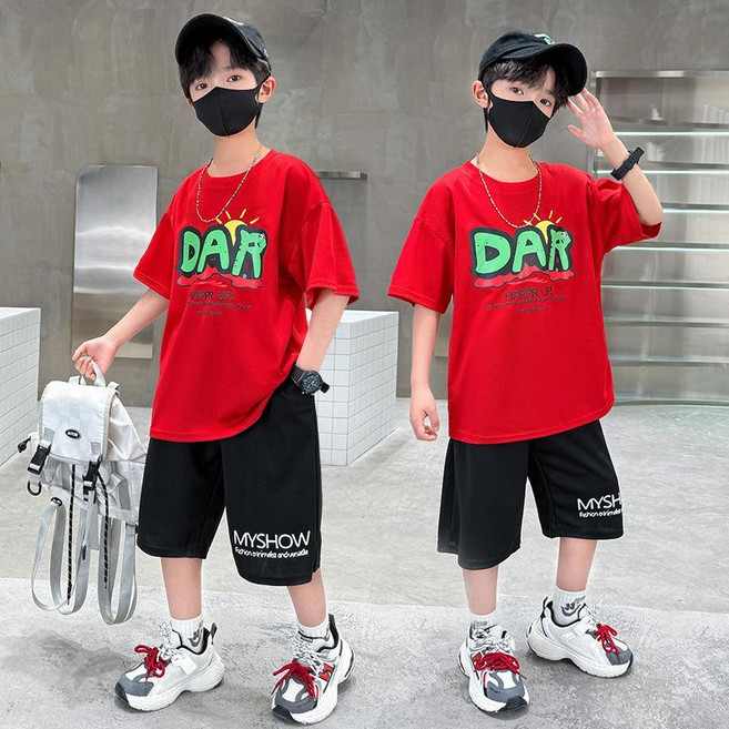 兒童男童夏裝套裝 /DAR/印花短袖T恤配黑色短褲