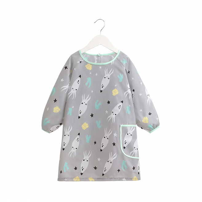 兒童長袖防水防油圍裙 可愛卡通, 長袖畫畫衣-烏賊