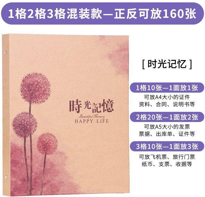 票據收納冊合同資料檔案袋發票冊門票試卷收集整理本文件夾 副廠商品, 1個, 時光記憶#票據冊, 1格+2格+3格 正反可裝160張, 時光記憶