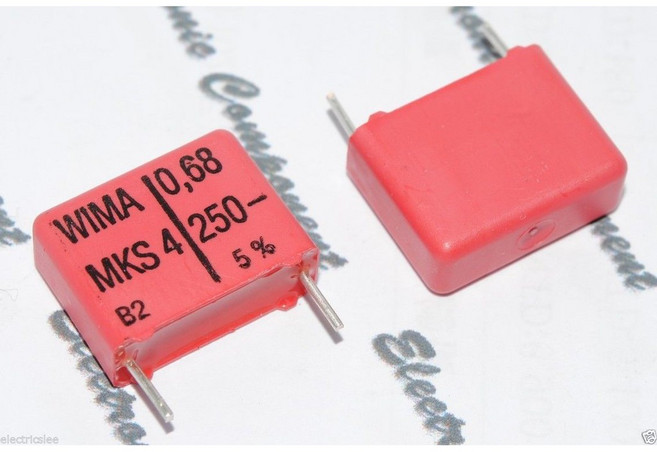 1個- 德國WIMA MKS4 0.68uF(680nF) 250V 5% 腳距:15mm 立式 金屬膜電容, 1個