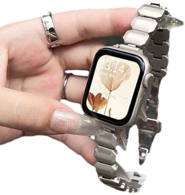 金屬錶帶鏈 適用 Apple Watch S6 S7 S8 S9, 小方糖 - 星光色, 1個
