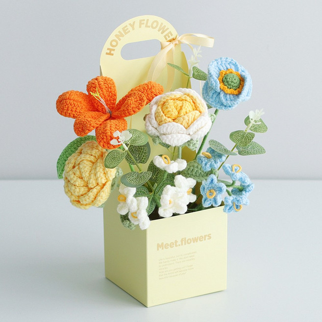 Meet.flowers 手工毛線花束 精緻織品禮物 桌上擺飾, 黃色系, 1個