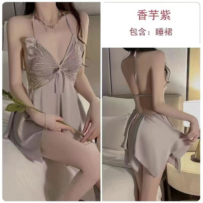 INTERNAL 性感睡裙 吊帶睡裙 大尺碼 深V睡衣 情趣睡衣 帶胸墊睡裙 純欲風睡裙 蝴蝶吊帶睡衣女兩件套家居服qq
