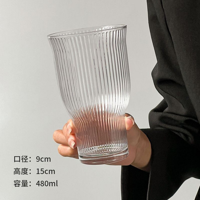 大容量 復古寬口玻璃杯 飲品杯 果茶杯 咖啡杯, 1個, 寬口果汁盃 條紋款 ,2衹裝