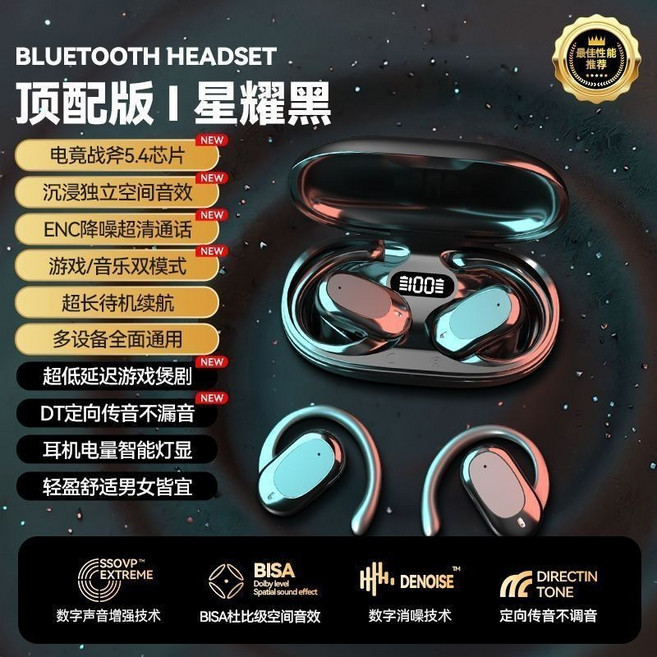 全景柏林之音耳機 耳掛式藍芽耳機 LED 電量數顯, 星耀黑可旋轉+360度不漏音久戴不痛,雙5.4芯片+無損音質全景柏林之音, 星耀黑, 可旋轉+360度不漏音久戴不痛,雙5.4芯片