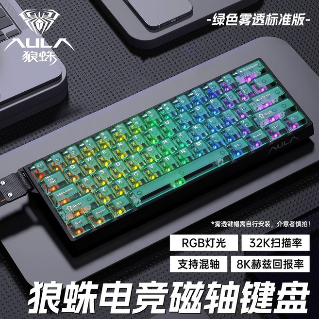 台灣保固 狼蛛 透明磁軸鍵盤 機械客制化 有線 RT 電競 FPS 遊戲專用, WIN60HE#黑外殼#綠色霧透-灰木磁