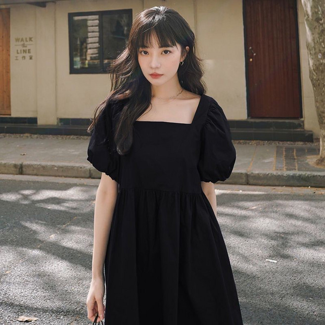 日系甜美泡泡袖連衣裙女2025夏季新款韓版收腰顯瘦A字娃娃裙寬鬆遮肚洋裝, 黑色,L碼建議110-130斤