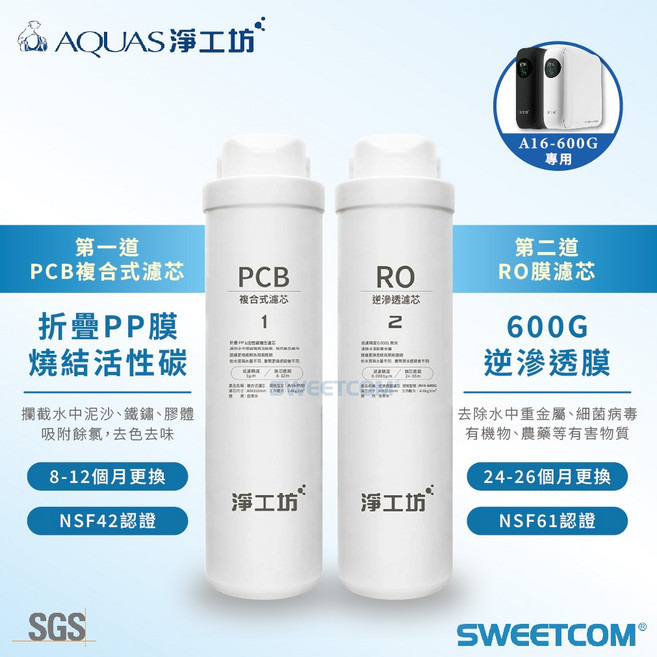 AQUAS 淨工坊 A16-600G 摺疊PP膜燒結碳 600G逆滲透膜濾心, 1片, A16-PCB複合式濾芯