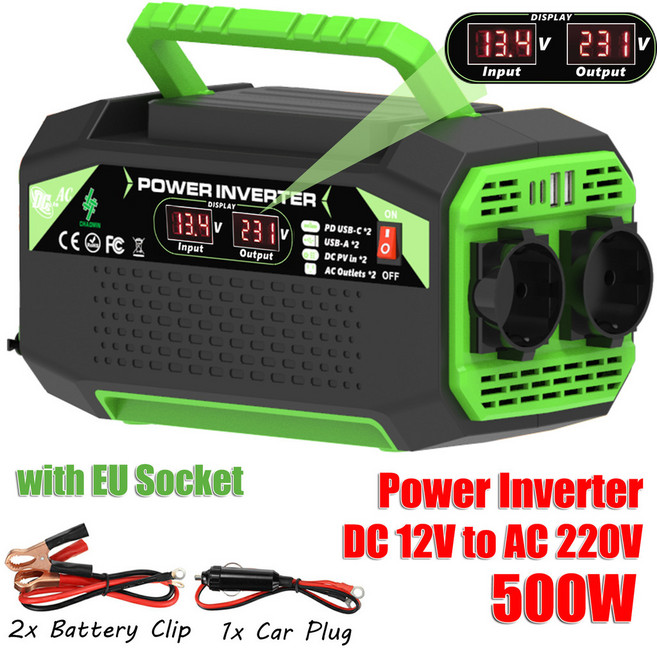 逆變器雙插座4USB快充顯示屏, 1個, 臻萃係列|500W|12V轉220V|歐
