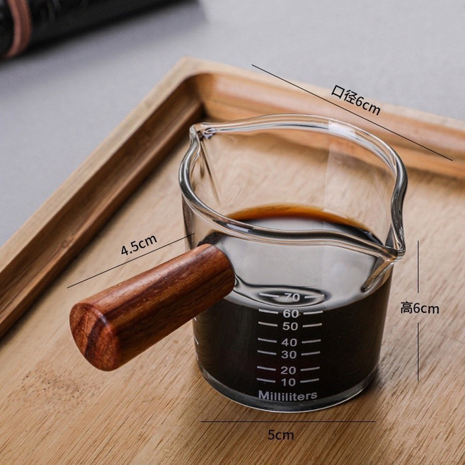 森林優選 雙嘴玻璃量杯 帶刻度 牛奶小奶盅 shot杯 意式濃縮量杯 70ML, 加厚70ml木柄雙嘴量杯,70ml, 1個