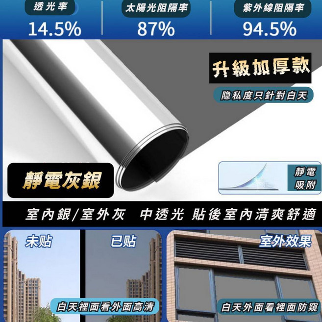 防曬隔熱膜 窗戶玻璃貼膜紙 送刮刀 冬天保溫, 靜電貼-【灰銀】-無膠-采光自然,50* 100 公分, 灰銀
