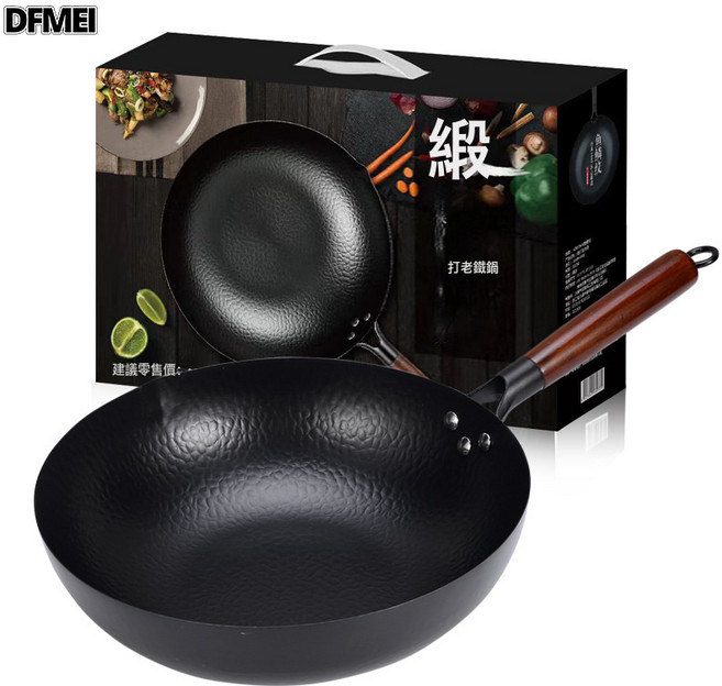 DFMEI 章丘鐵鍋魚鱗無塗層炒鍋家用不粘鍋平底鍋炒菜鍋禮品鍋具, 1個, 鍛打老鐵鍋32cm不帶蓋+彩盒, 如圖