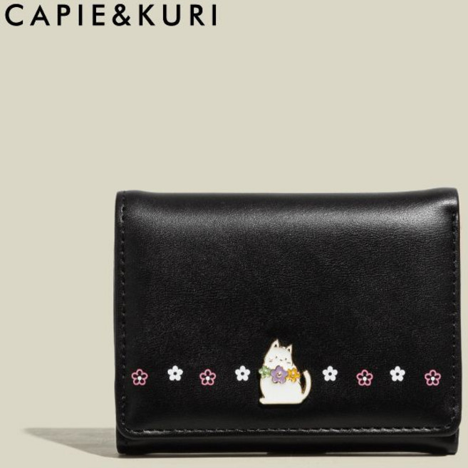 CAPIE&KURI 簡約可愛貓咪撒花三折卡包多卡位零錢包女