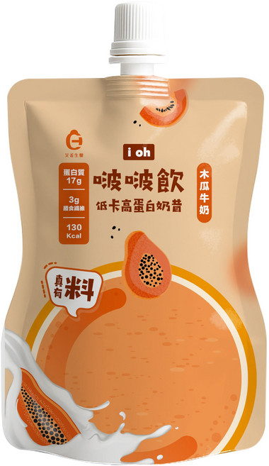 i oh 啵啵飲木瓜牛奶 低卡高蛋白 含真正果肉 營養豐富 方便即飲, 1個, 1份