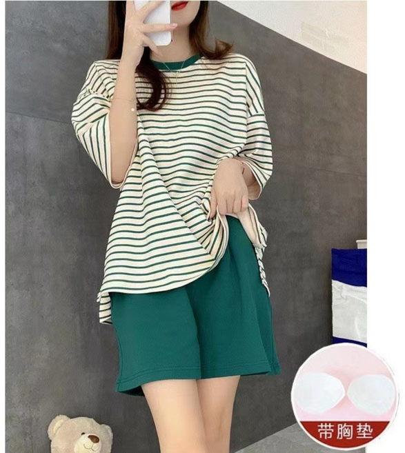 一體式帶胸墊睡衣女夏季短袖短褲可愛卡通家居服