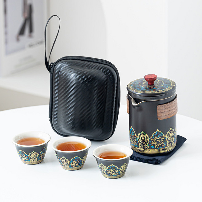 古韻臻藏行動式旅行茶具一壺四杯套組, 黑 古韻一壺三杯 小黑包, 1套, 杯具