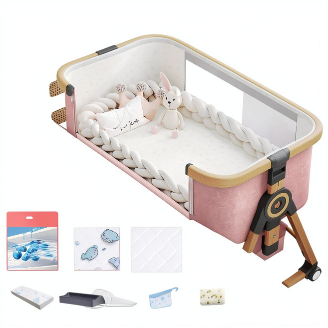 babybed 嬰兒可移動搖籃床, 木紋鋁 - 風梳煙粉丨追夢款四季雙面4D空氣纖維床墊儲物籃蚊帳涼蓆枕頭麻花床圍CS - 8