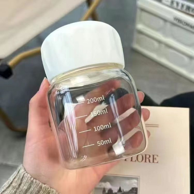 迷你可愛胖胖杯 玻璃小奶杯 咖啡牛奶杯 便攜式小水杯, 1個, 【容量300毫升】白色刻度胖胖杯一套