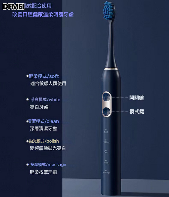 DFMEI 源頭直髮聲波電動牙刷軟毛充電款高顏值套裝成人電動牙刷, 1個, 如圖, 深藍色