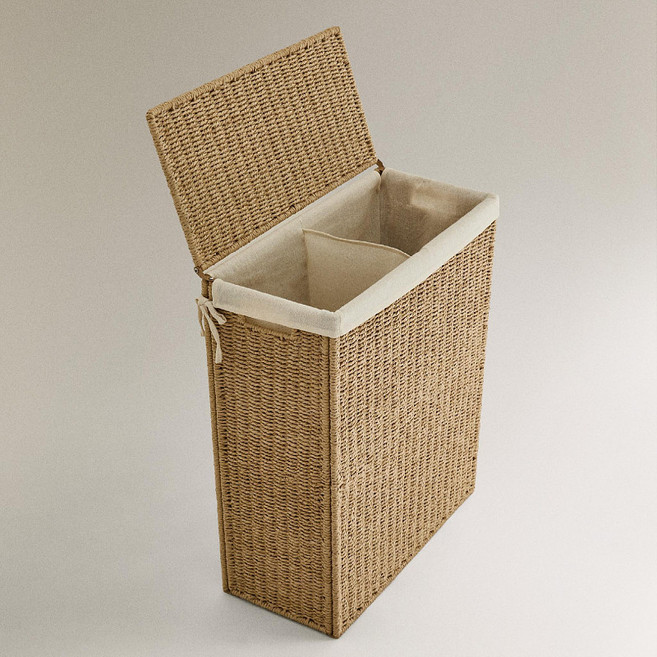 手工編織雙袋分區洗衣籃 收納籃 帶蓋防塵 簡約耐用 54 x 27 x 64cm 米色