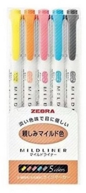 ZEBRA 斑馬 MILDLINER 雙頭柔性螢光筆 盒裝收納 色彩柔和不傷眼 學生辦公必備, 1個, 親和系5色組(WKT7-N-5C)